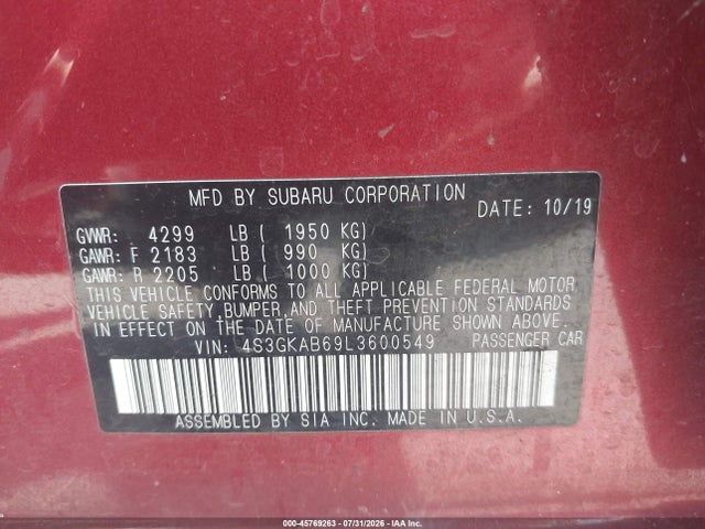 45769263 :رقم المزاد ، 4S3GKAB69L3600549 vin ، 2020 Subaru Impreza Sedan مزاد بيع