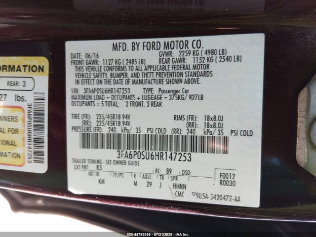 Aukcja sprzedaży 2017 Ford Fusion Energi Titanium, vin: 3FA6P0SU6HR147253, numer aukcji: 45769266