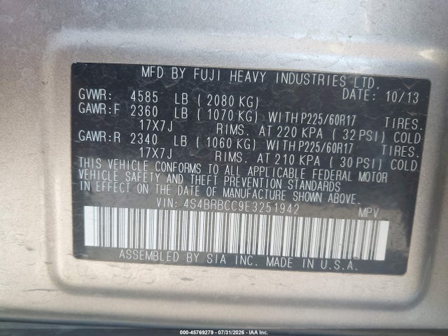 Subaru Outback 2.5i Premium 2014 4S4BRBCC9E3251942 Image 9