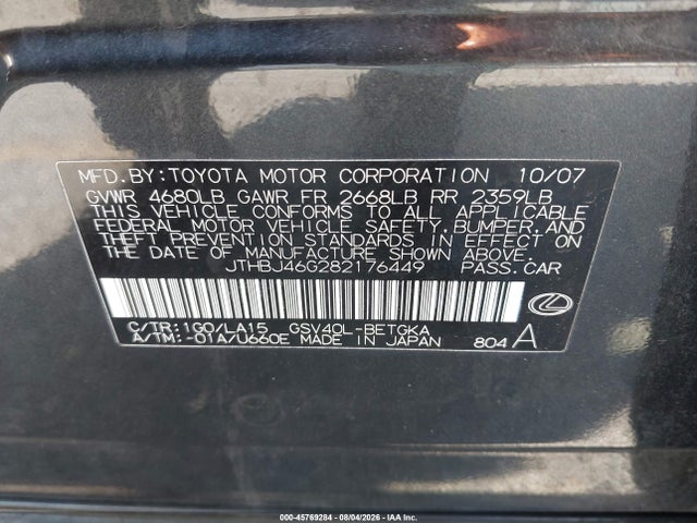 Aukcja sprzedaży 2008 Lexus Es 350, vin: JTHBJ46G282176449, numer aukcji: 45769284