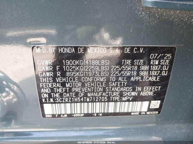 45769286 :رقم المزاد ، 3CZRZ1H54TM712705 vin ، 2026 Honda Hr-v 2wd Sport مزاد بيع