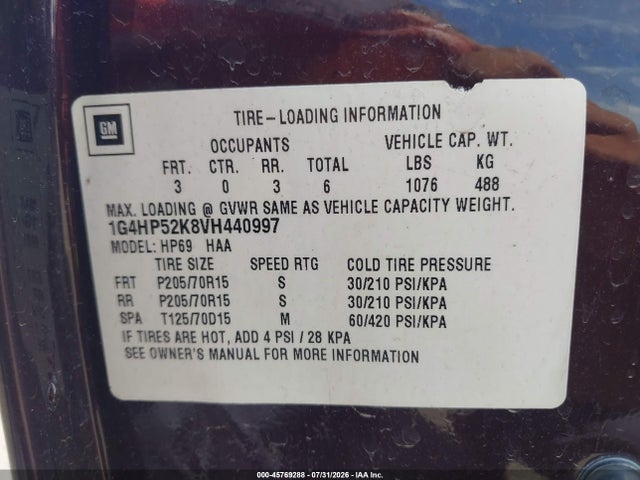 Auction sale of the 1997 Buick Lesabre Custom, vin: 1G4HP52K8VH440997, lot number: 45769288