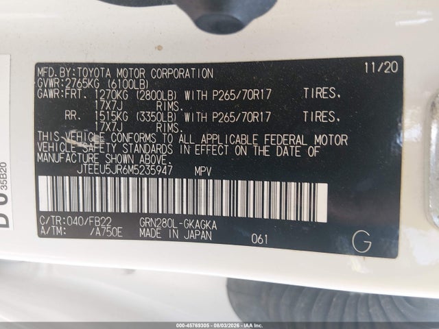 Aukcja sprzedaży 2021 Toyota 4runner Sr5, vin: JTEEU5JR6M5235947, numer aukcji: 45769305
