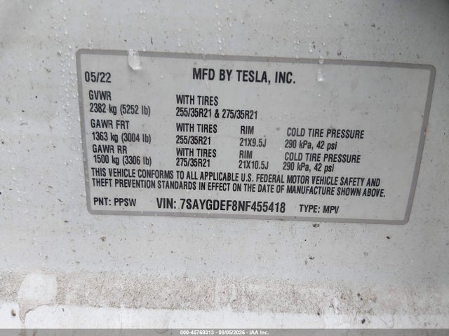 2022 Tesla Model Y Performance Dual Motor All-wheel Drive მანქანა იყიდება აუქციონზე, vin: 7SAYGDEF8NF455418, აუქციონის ნომერი: 45769313