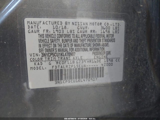 Aukcja sprzedaży 2019 Nissan Kicks S, vin: 3N1CP5CU1KL470907, numer aukcji: 45769316