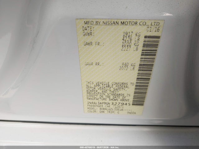 1N4AL3AP9GN327945 Nissan Altima 2.5/2.5 S/2.5 Sl/2.5 Sr/2.5 Sv