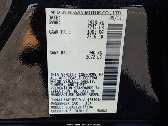45769335 :رقم المزاد ، 1N4AL3AP0FC573986 vin ، 2015 Nissan Altima 2.5 Sv مزاد بيع