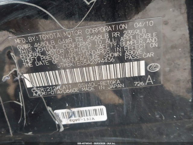 Продаж на аукціоні авто 2010 Lexus Es 350, vin: JTHBK1EG5A2394436, номер лоту: 45769343