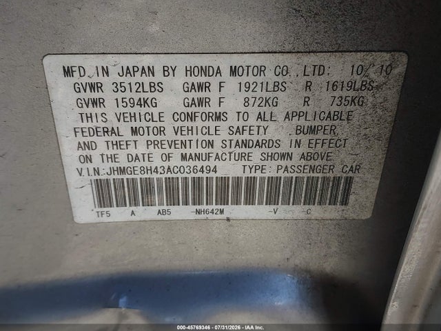 2010 Honda Fit Sport მანქანა იყიდება აუქციონზე, vin: JHMGE8H43AC036494, აუქციონის ნომერი: 45769346