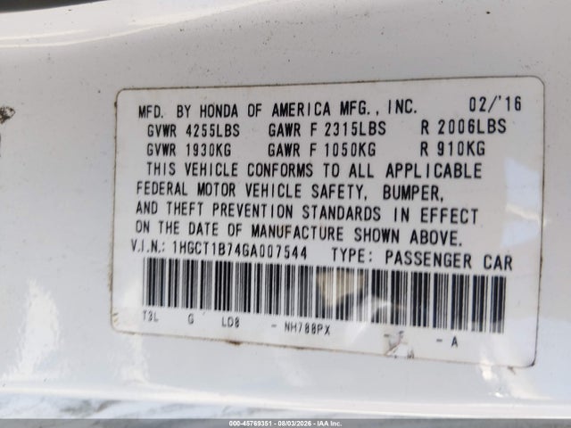 Honda ACCORD EX 2016 1HGCT1B74GA007544 Image 9