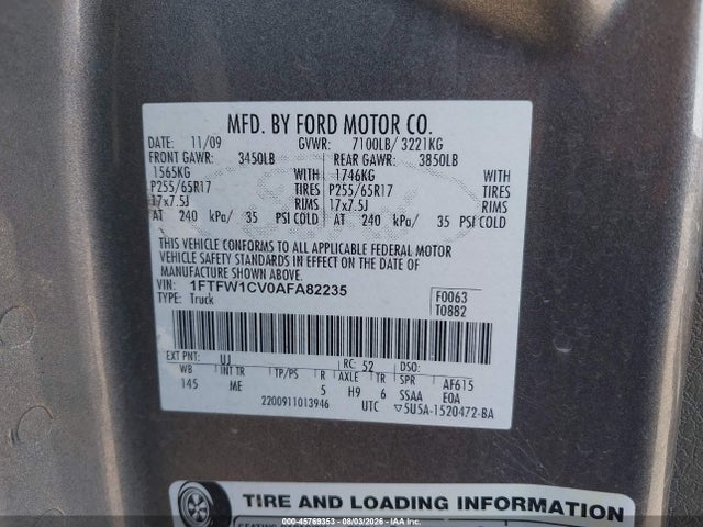 Продаж на аукціоні авто 2010 Ford F-150 Fx2 Sport/harley-davidson/king Ranch/lariat/platinum/xl/xlt, vin: 1FTFW1CV0AFA82235, номер лоту: 45769353