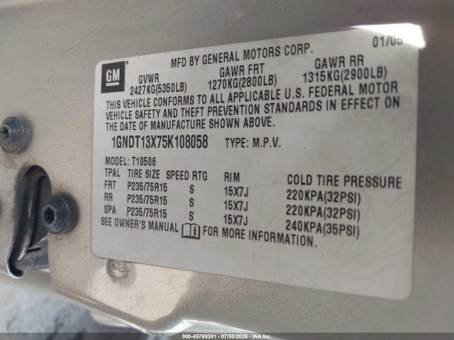 45769381 :رقم المزاد ، 1GNDT13X75K108058 vin ، 2005 Chevrolet Blazer Ls مزاد بيع