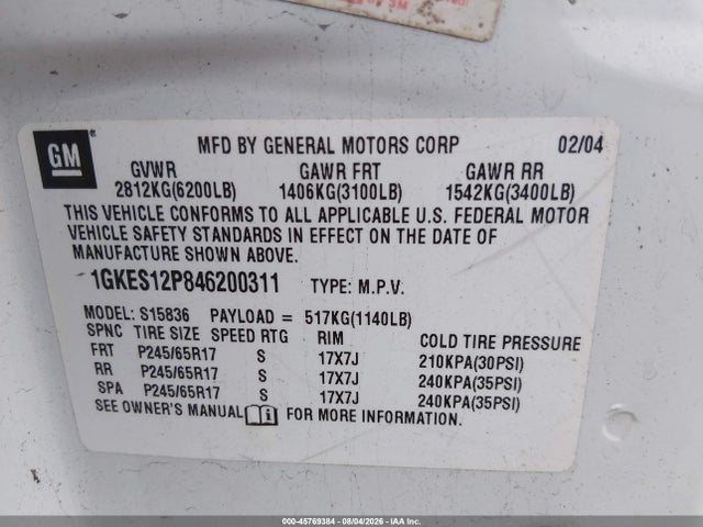 Продаж на аукціоні авто 2004 Gmc Envoy Xuv Slt, vin: 1GKES12P846200311, номер лоту: 45769384