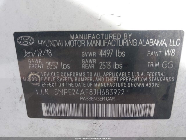 5NPE24AF8JH683922 Hyundai SONATA SE