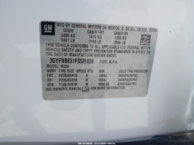 Aukcja sprzedaży 2015 Cadillac Srx Luxury Collection, vin: 3GYFNBE31FS526028, numer aukcji: 45769390