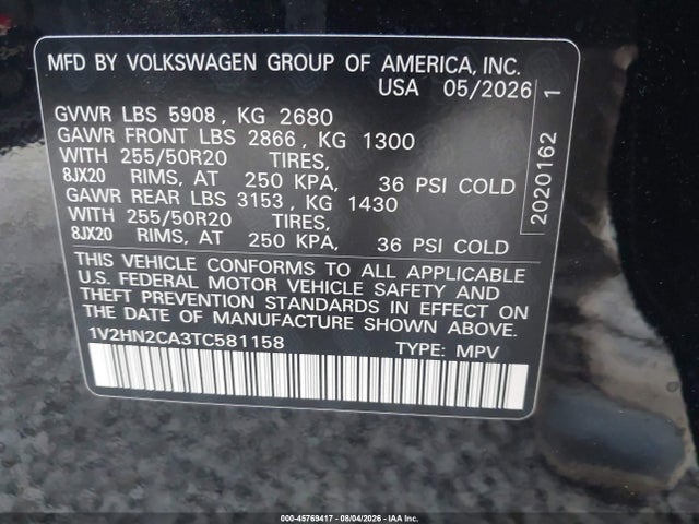 Aukcja sprzedaży 2026 Volkswagen Atlas Se With Technology, vin: 1V2HN2CA3TC581158, numer aukcji: 45769417