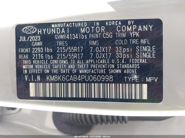 45769418 :رقم المزاد ، KM8K6CAB4PU060998 vin ، 2023 Hyundai Kona Sel مزاد بيع