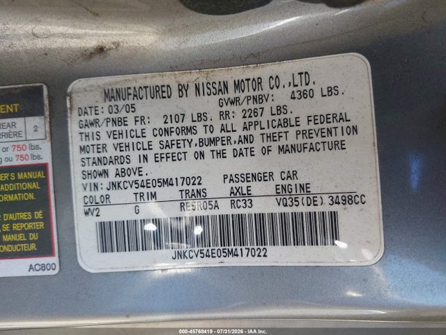45769419 :رقم المزاد ، JNKCV54E05M417022 vin ، 2005 Infiniti G35 مزاد بيع