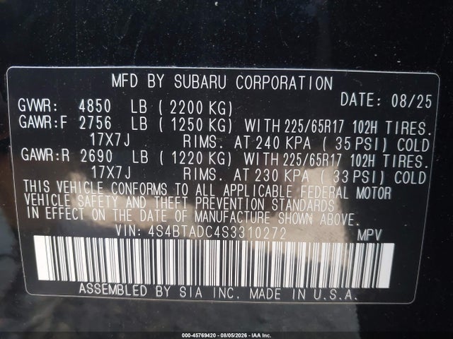 2025 Subaru Outback Premium მანქანა იყიდება აუქციონზე, vin: 4S4BTADC4S3310272, აუქციონის ნომერი: 45769420
