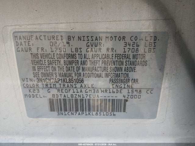 3N1CN7AP1KL851056 Nissan Versa 1.6 Sv
