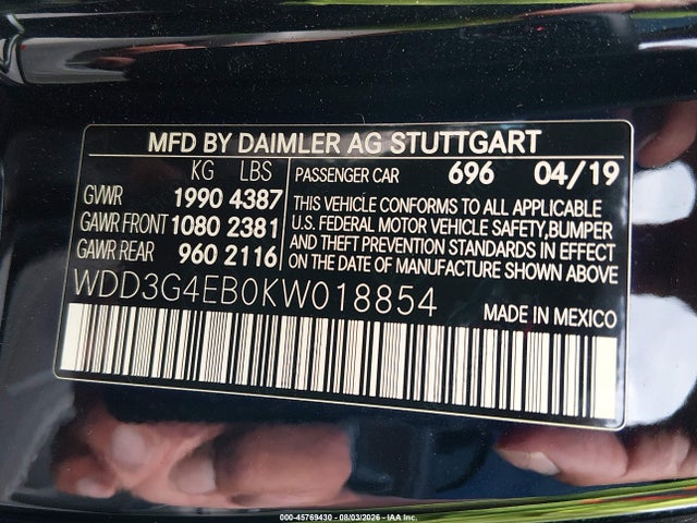 Aukcja sprzedaży 2019 Mercedes-benz A 220, vin: WDD3G4EB0KW018854, numer aukcji: 45769430
