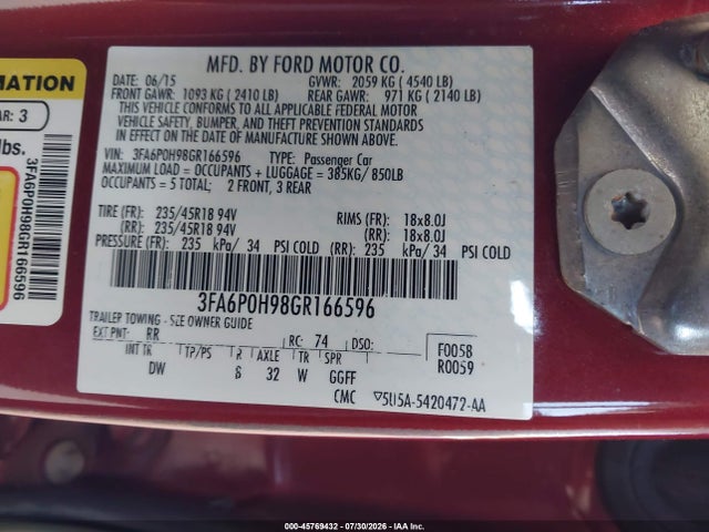 Ford FUSION SE 2016 3FA6P0H98GR166596 Image 9