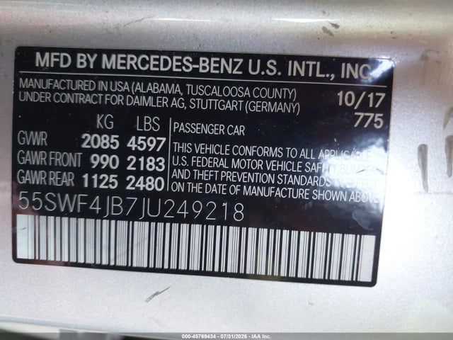 Продажа на аукционе авто 2018 Mercedes-benz C 300, vin: 55SWF4JB7JU249218, номер лота: 45769434