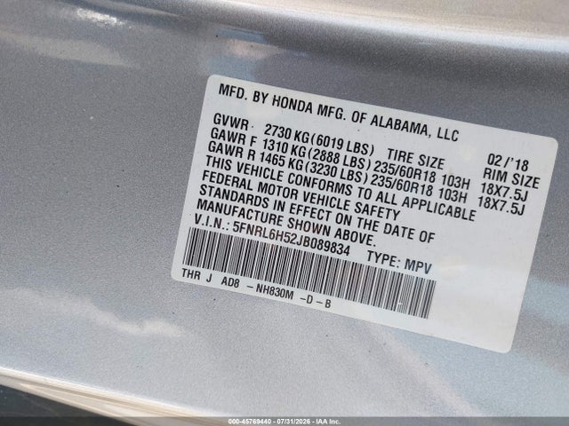 45769440 :رقم المزاد ، 5FNRL6H52JB089834 vin ، 2018 Honda Odyssey Ex مزاد بيع