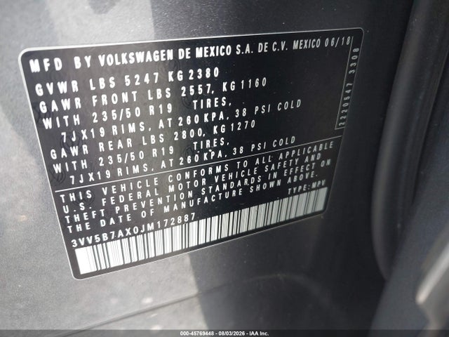 Продажа на аукционе авто 2018 Volkswagen Tiguan 2.0t Sel Premium, vin: 3VV5B7AX0JM172887, номер лота: 45769448