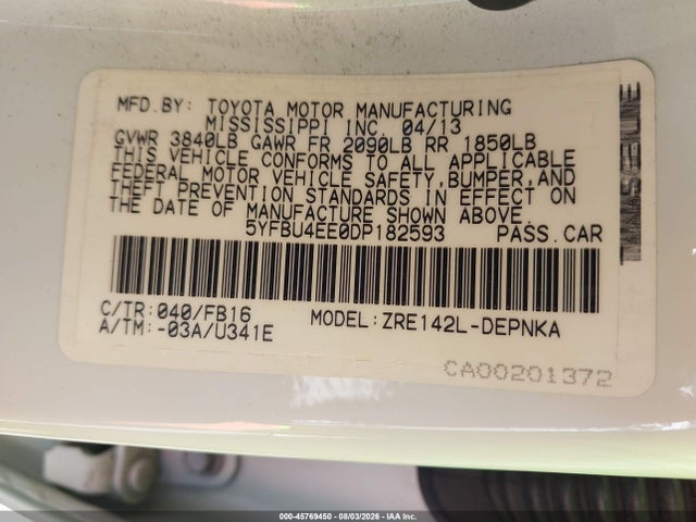 Продажа на аукционе авто 2013 Toyota Corolla Le, vin: 5YFBU4EE0DP182593, номер лота: 45769450