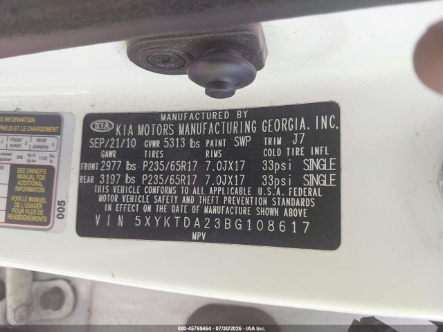 Продажа на аукционе авто 2011 Kia Sorento Lx V6, vin: 5XYKTDA23BG108617, номер лота: 45769464