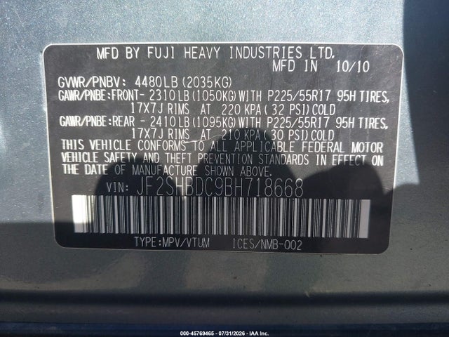 45769465 :رقم المزاد ، JF2SHBDC9BH718668 vin ، 2011 Subaru Forester 2.5x Premium مزاد بيع