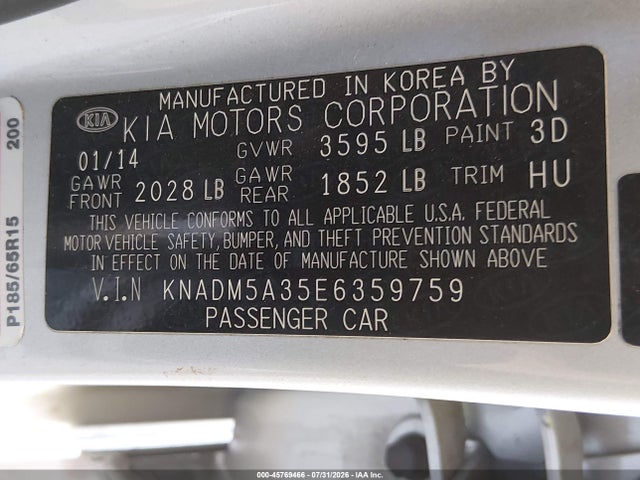 KIA RIO LX 2014 KNADM5A35E6359759 Image 9