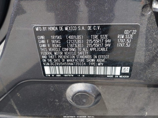 3CZRU5H59NM735034 Honda Hr-v 2wd Ex