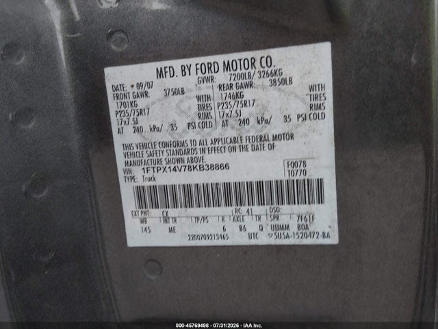 Продаж на аукціоні авто 2008 Ford F-150 60th Anniversary/fx4/lariat/xl/xlt, vin: 1FTPX14V78KB38866, номер лоту: 45769498