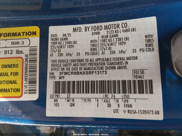 Продажа на аукционе авто 2025 Ford Bronco Sport Big Bend, vin: 3FMCR9BNXSRF13173, номер лота: 45769510