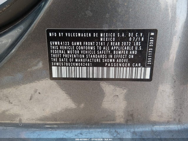 3VWE57BU2KM062481 Volkswagen Jetta 1.4t Sel