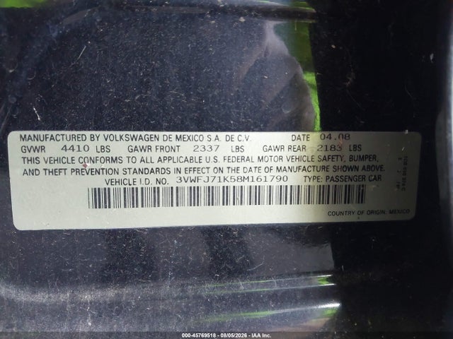 Продаж на аукціоні авто 2008 Volkswagen Gli, vin: 3VWFJ71K58M161790, номер лоту: 45769518