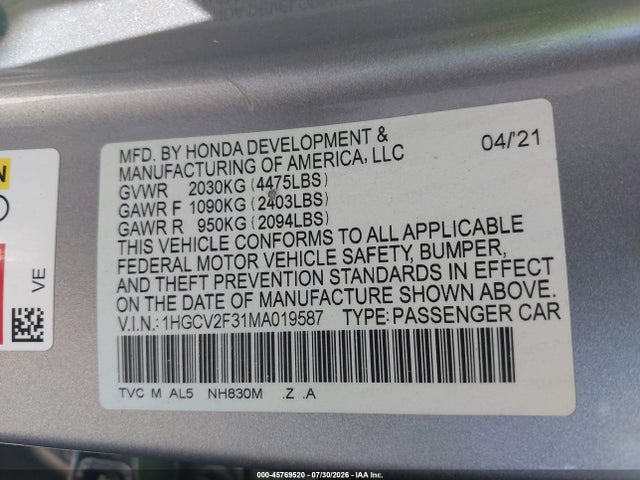 1HGCV2F31MA019587 Honda Accord Sport 2.0t