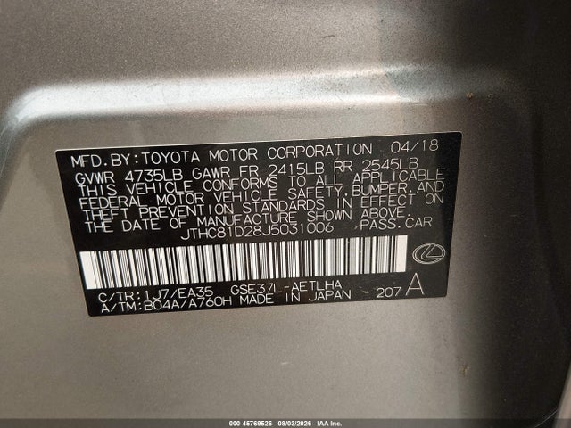 Продажа на аукционе авто 2018 Lexus Is 300, vin: JTHC81D28J5031006, номер лота: 45769526