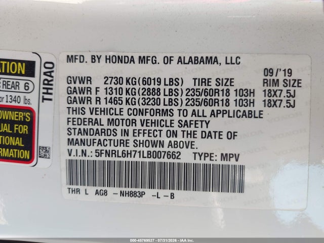 45769527 :رقم المزاد ، 5FNRL6H71LB007662 vin ، 2020 Honda Odyssey Ex-l/ex-l W/navi   Res مزاد بيع
