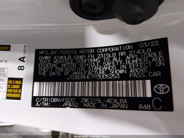 JTDBDMHE1P3005253 Toyota Corolla Hybrid Le