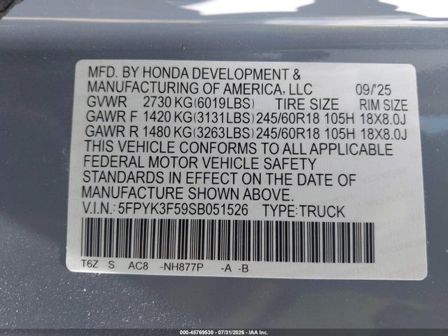 Продаж на аукціоні авто 2025 Honda Ridgeline Rtl, vin: 5FPYK3F59SB051526, номер лоту: 45769530