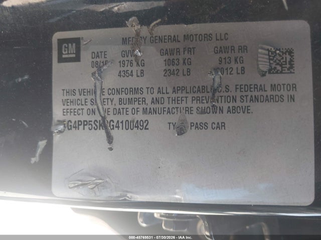 2016 Buick Verano მანქანა იყიდება აუქციონზე, vin: 1G4PP5SK2G4100492, აუქციონის ნომერი: 45769531
