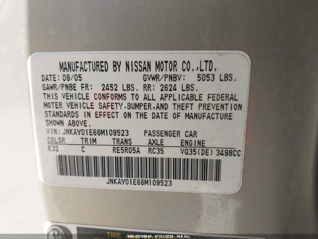 Aukcja sprzedaży 2006 Infiniti M35, vin: JNKAY01E66M109523, numer aukcji: 45769545
