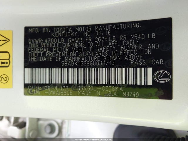 45769548 :رقم المزاد ، 58ABK1GG9GU033713 vin ، 2016 Lexus Es 350 مزاد بيع