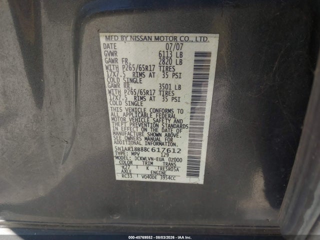 Продаж на аукціоні авто 2008 Nissan Pathfinder Le, vin: 5N1AR18B88C617612, номер лоту: 45769552
