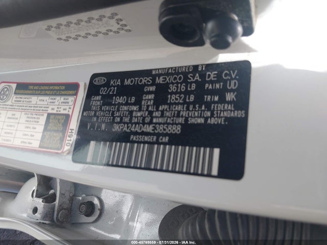 45769559 :رقم المزاد ، 3KPA24AD4ME385888 vin ، 2021 Kia Rio S مزاد بيع