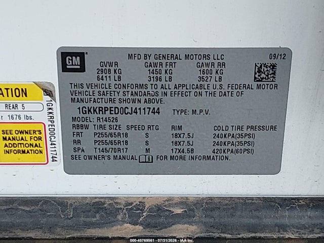 2012 Gmc Acadia Sle მანქანა იყიდება აუქციონზე, vin: 1GKKRPED0CJ411744, აუქციონის ნომერი: 45769561