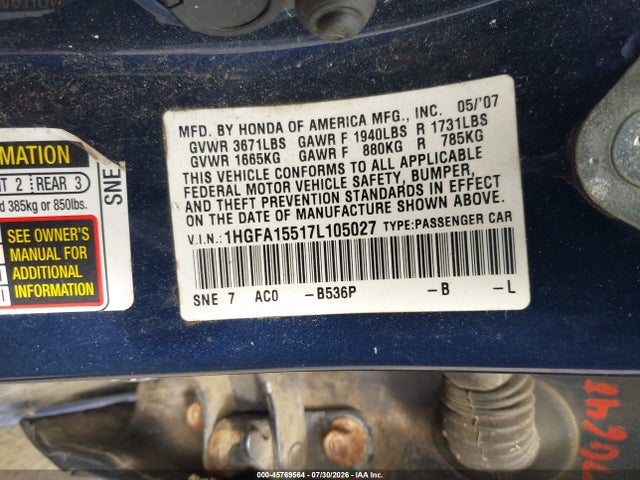 45769564 :رقم المزاد ، 1HGFA15517L105027 vin ، 2007 Honda Civic Lx مزاد بيع